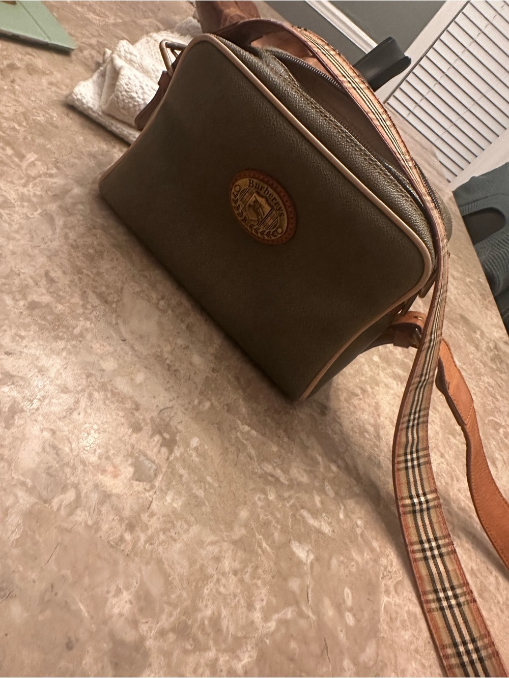 Burberry Olive Green Leather Crossbody with Signature Check Strap